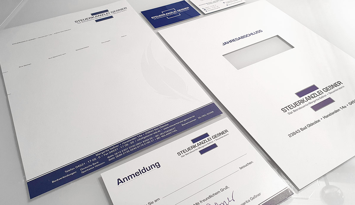 Grafikdesign und Corporate Design für die Steuerkanzlei Geßner Referenz Corporate Design Briefpapier Visitenkarten